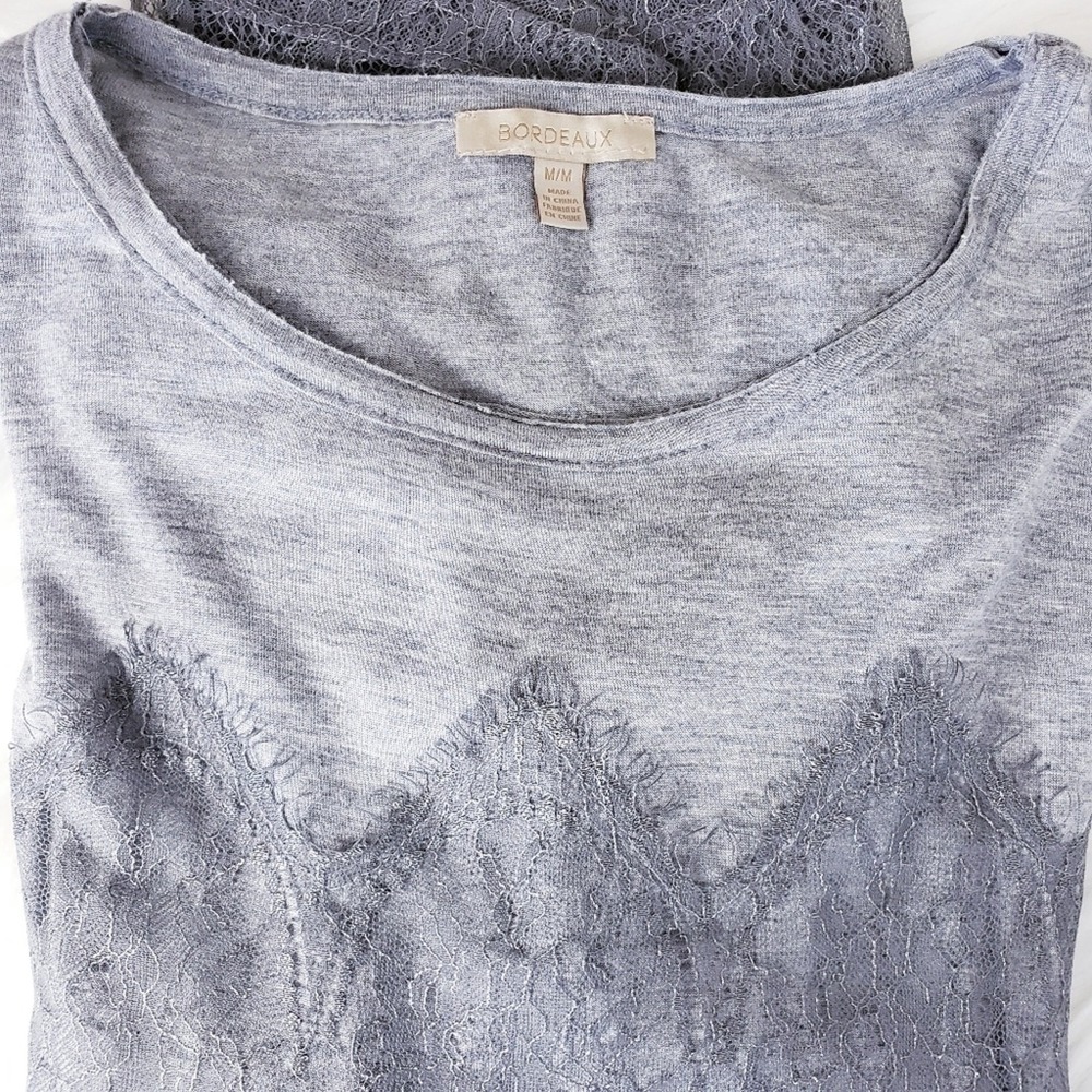 BORDEAUX‎ Anthropologie Grey Lace Overlay Top T-shirt Size Medium - Picture 4 of 8